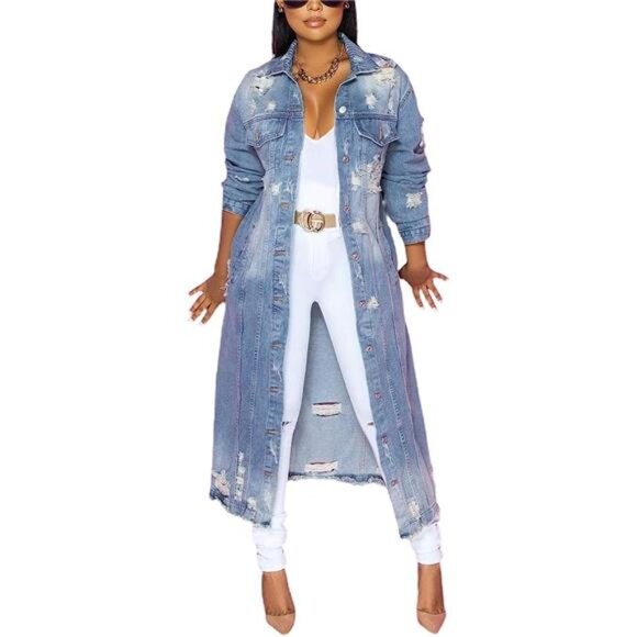 Light Wash Distressed Denim Maxi Jacket Long Jean Trench Coat Midi Jacket - Picture 4 of 5